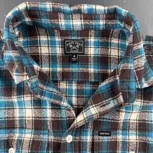 Dark Seas Plaid Flannel Shirt Men Medium Turquoise Dark Brown Thick Skate Grunge